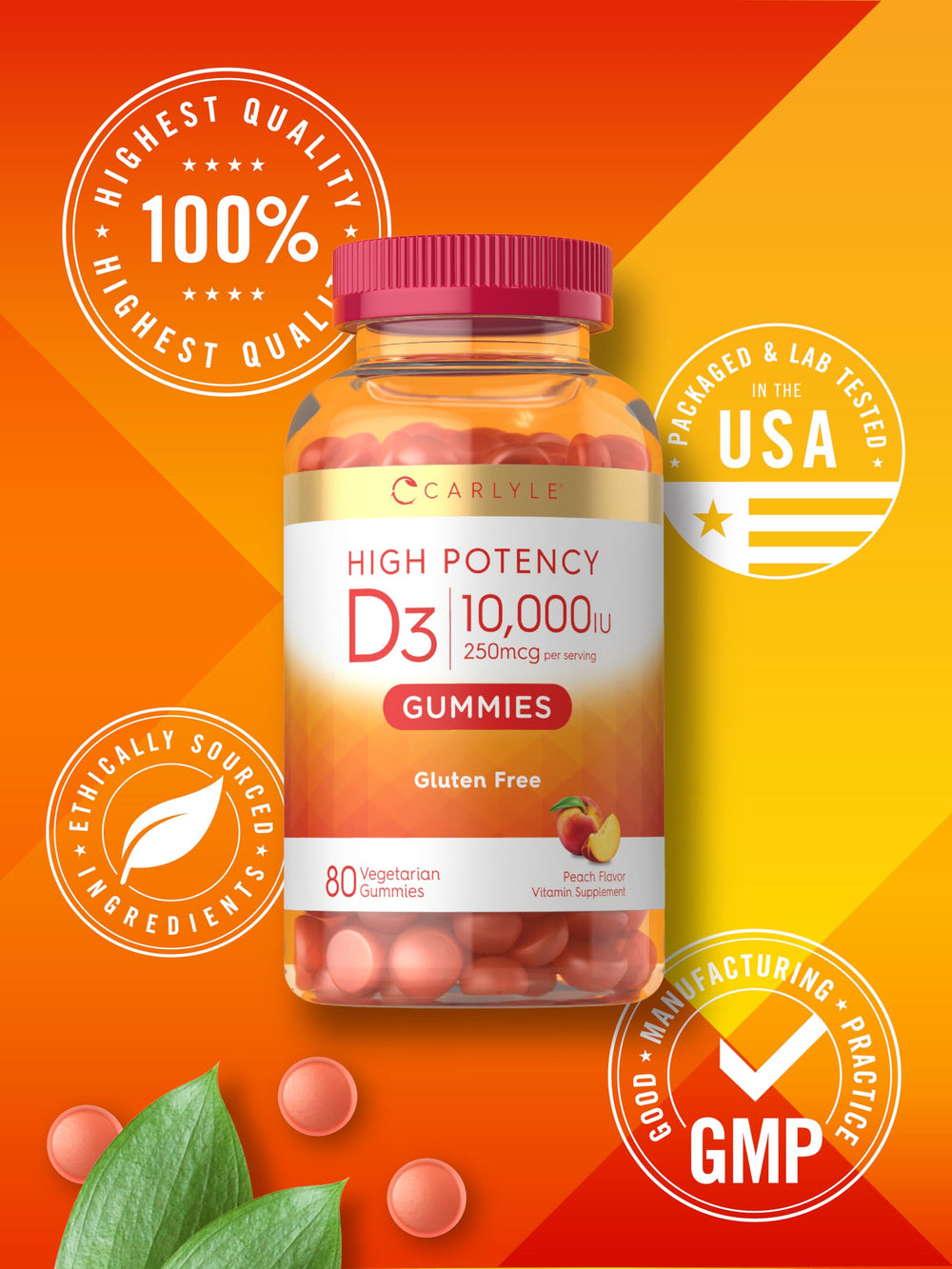 Carlyle Vitamin D3 10000iu gluten-free and non-GMO seals on bottle.