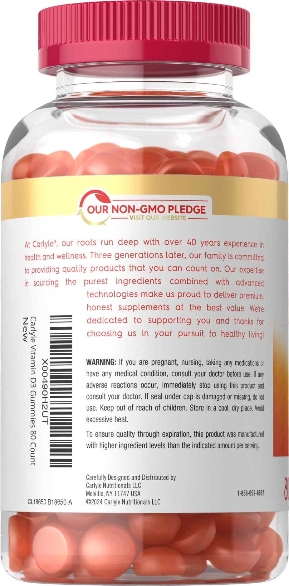 Carlyle Vitamin D3 10000iu gummies close-up highlights peach flavor and texture.