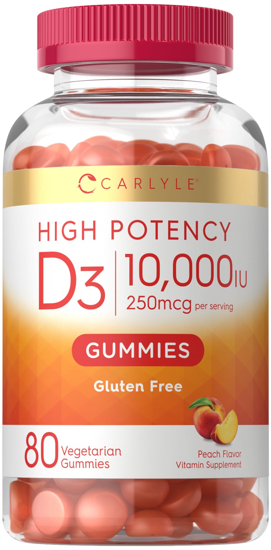 Carlyle Vitamin D3 10000iu peach gummies bottle close-up for daily wellness.