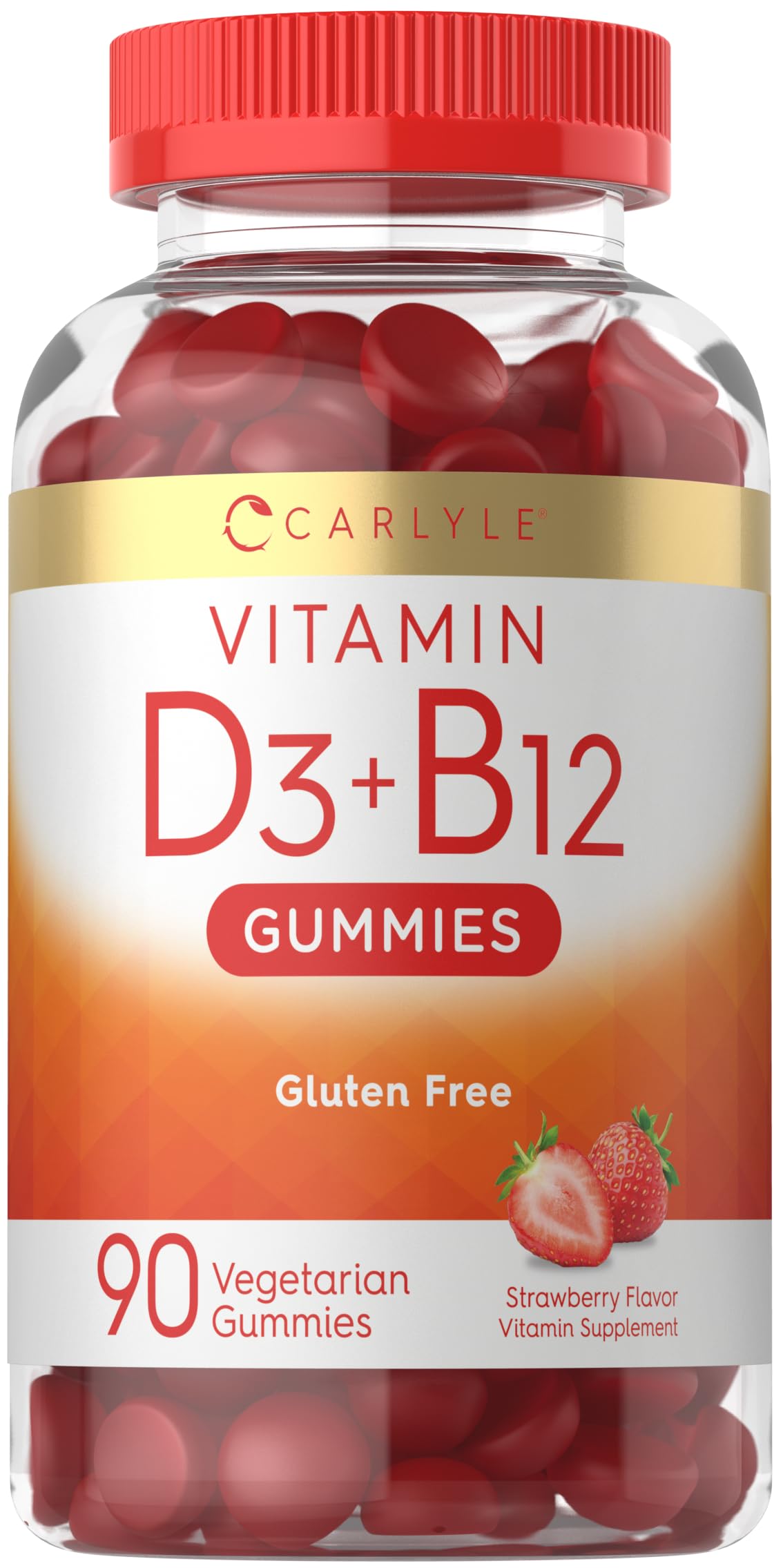 Carlyle Vitamin D3 + B12 Gummies bottle front showing strawberry flavor for daily wellness