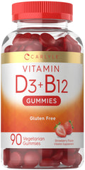 Carlyle Vitamin D3 + B12 Gummies bottle front showing strawberry flavor for daily wellness