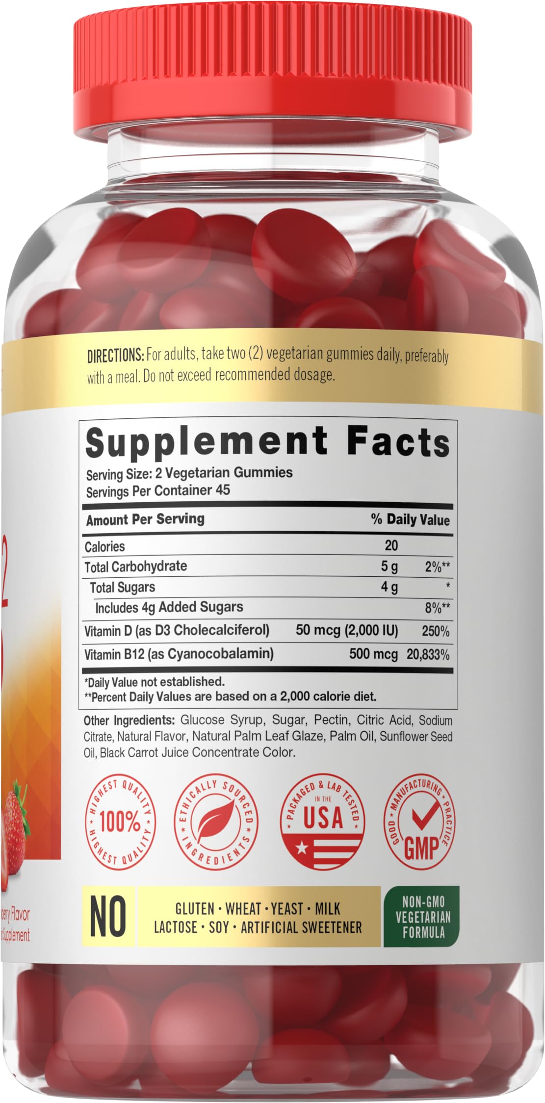 Carlyle Vitamin D3 + B12 Gummies label close-up highlighting non-GMO and gluten-free claims