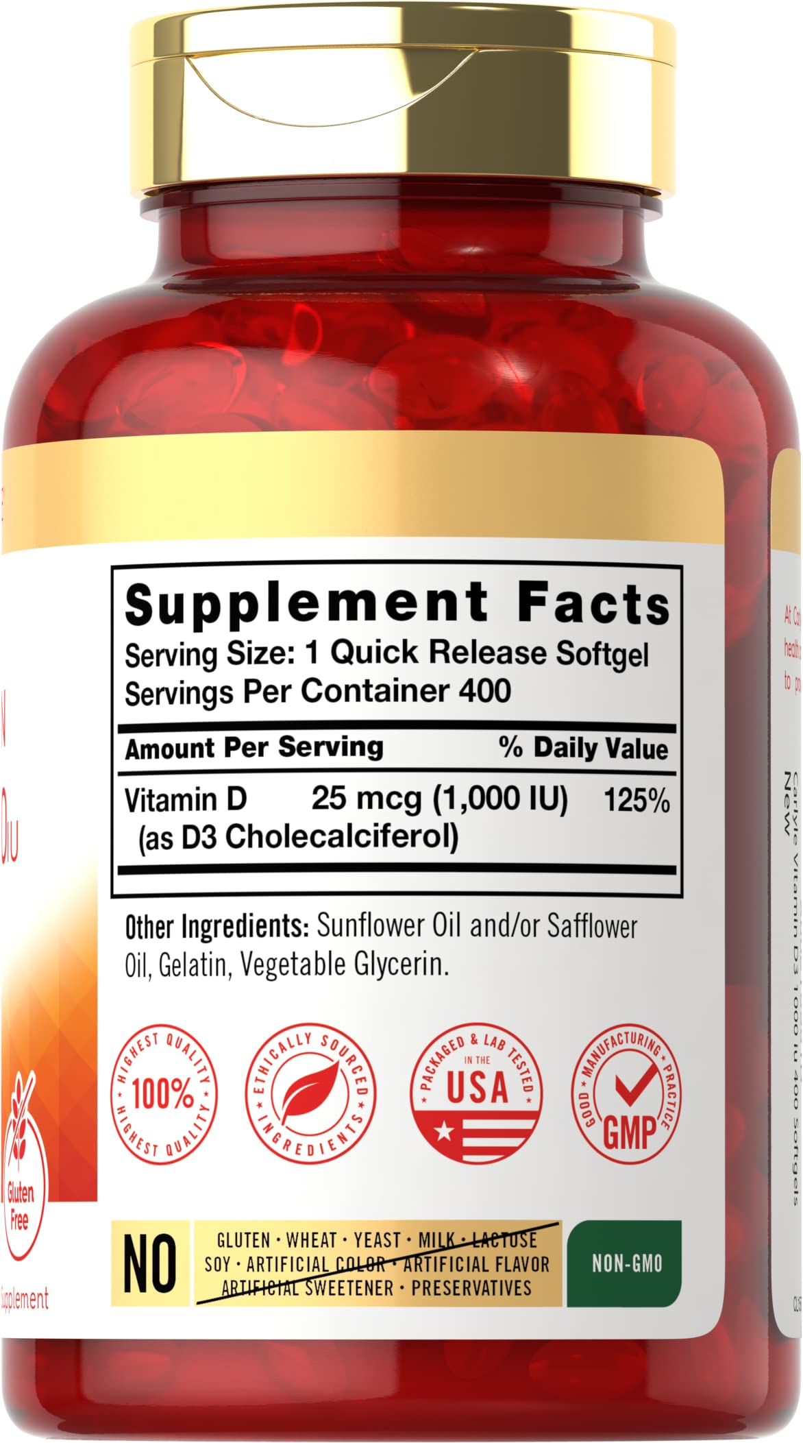 Carlyle Vitamin D3 bottle side view showing 400 softgels for daily use