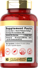 Carlyle Vitamin D3 bottle side view showing 400 softgels for daily use