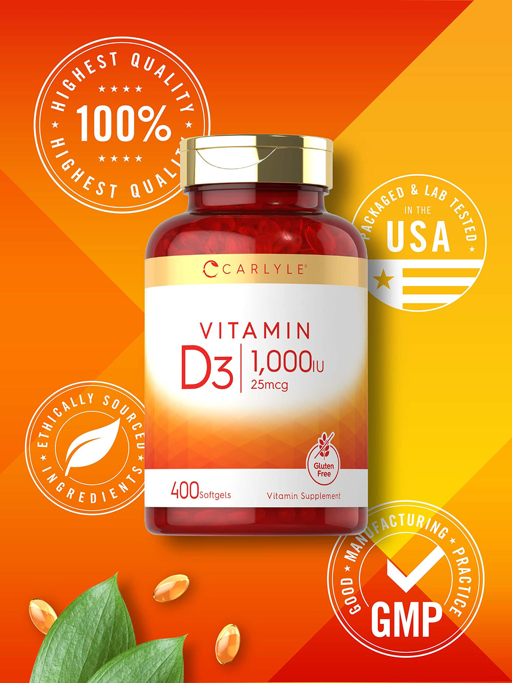 Carlyle Vitamin D3 gluten-free label on packaging communicates purity