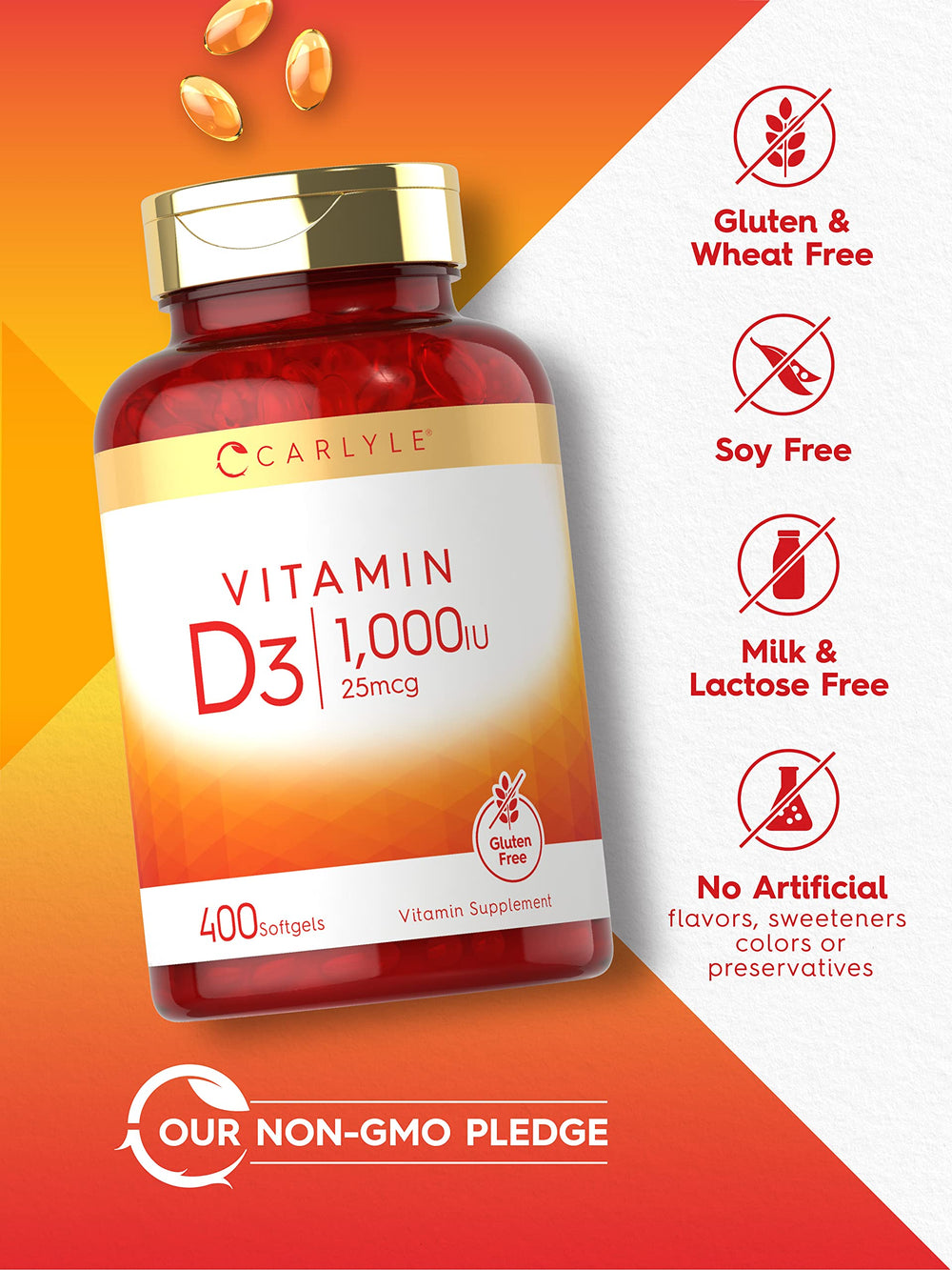 Carlyle Vitamin D3 label close-up emphasizes non-GMO and gluten-free formula