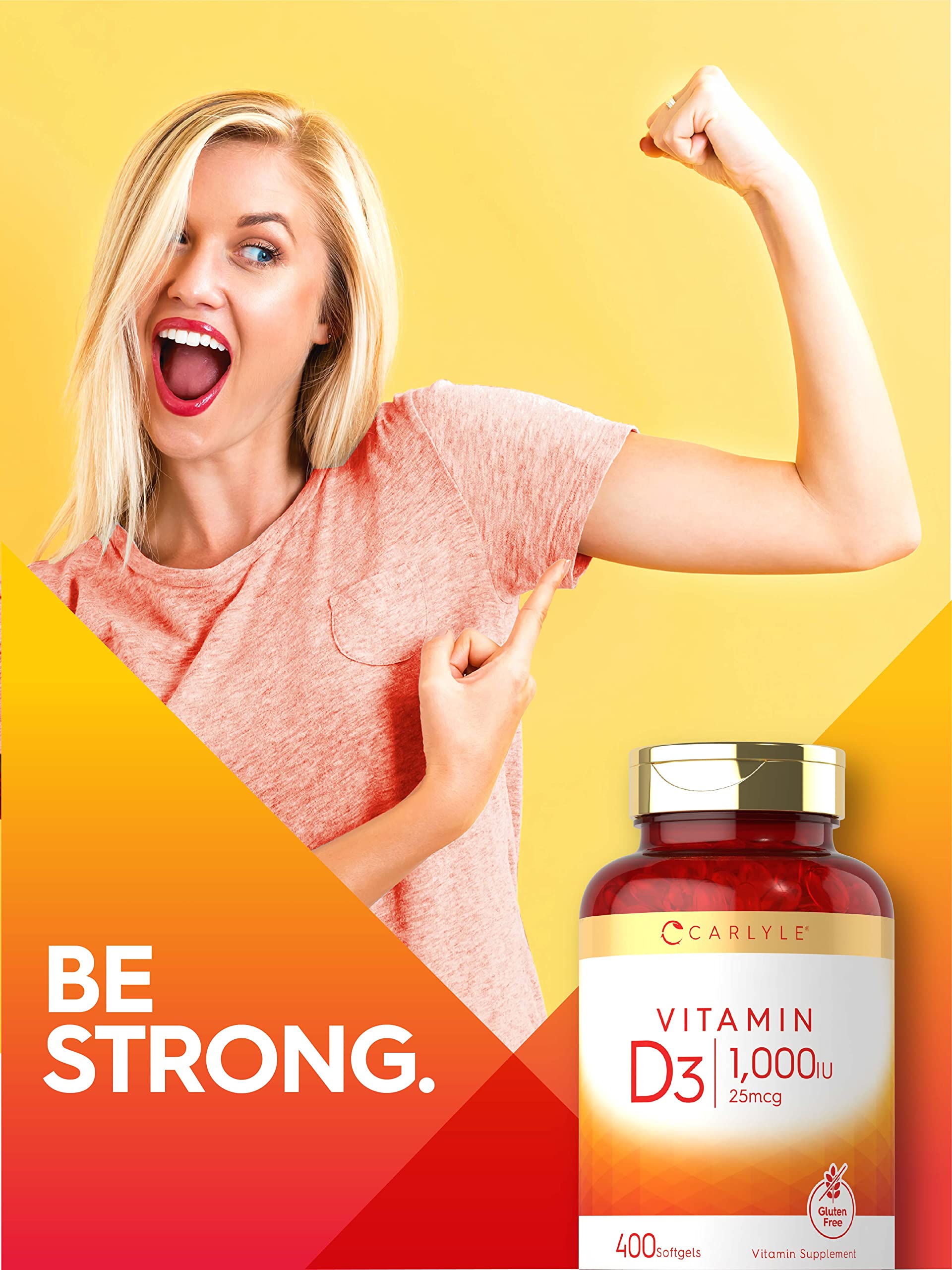 Carlyle Vitamin D3 non-GMO badge visible on bottle