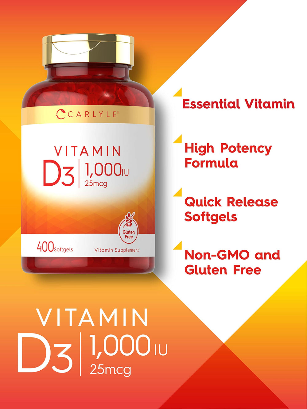 Carlyle Vitamin D3 softgels pour showcases easy-to-swallow capsules