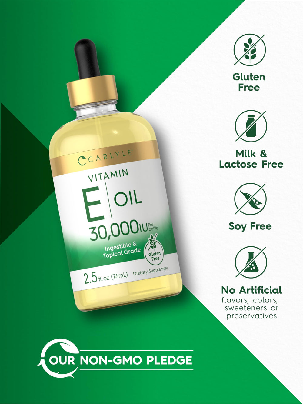 Carlyle Vitamin E Oil ingredients panel highlighting gluten-free and non-GMO formulation.