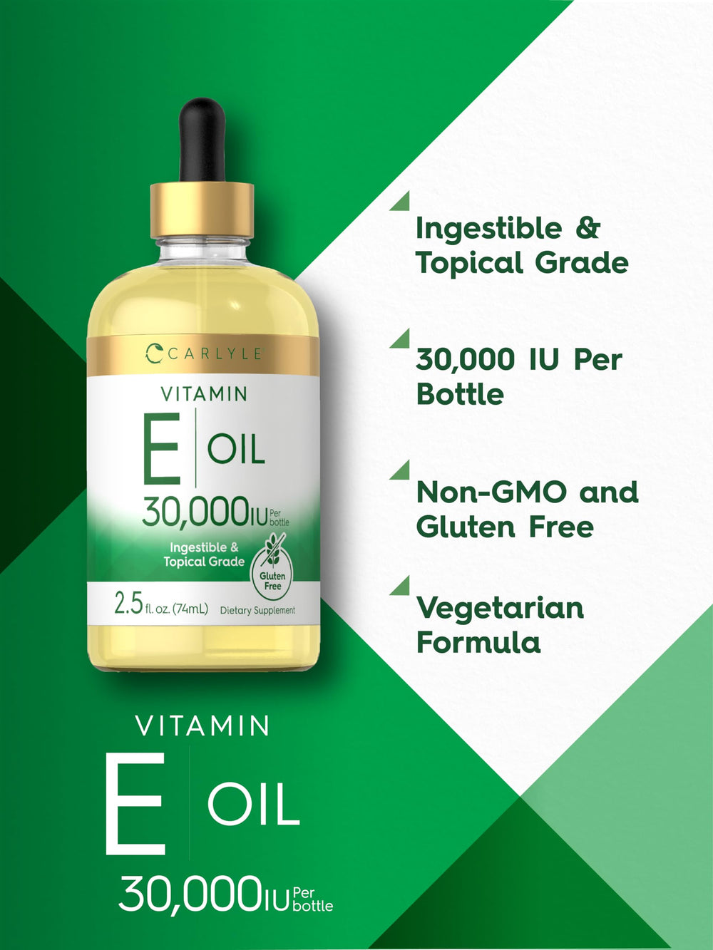 Carlyle Vitamin E Oil amber bottle highlighting premium packaging and freshness.
