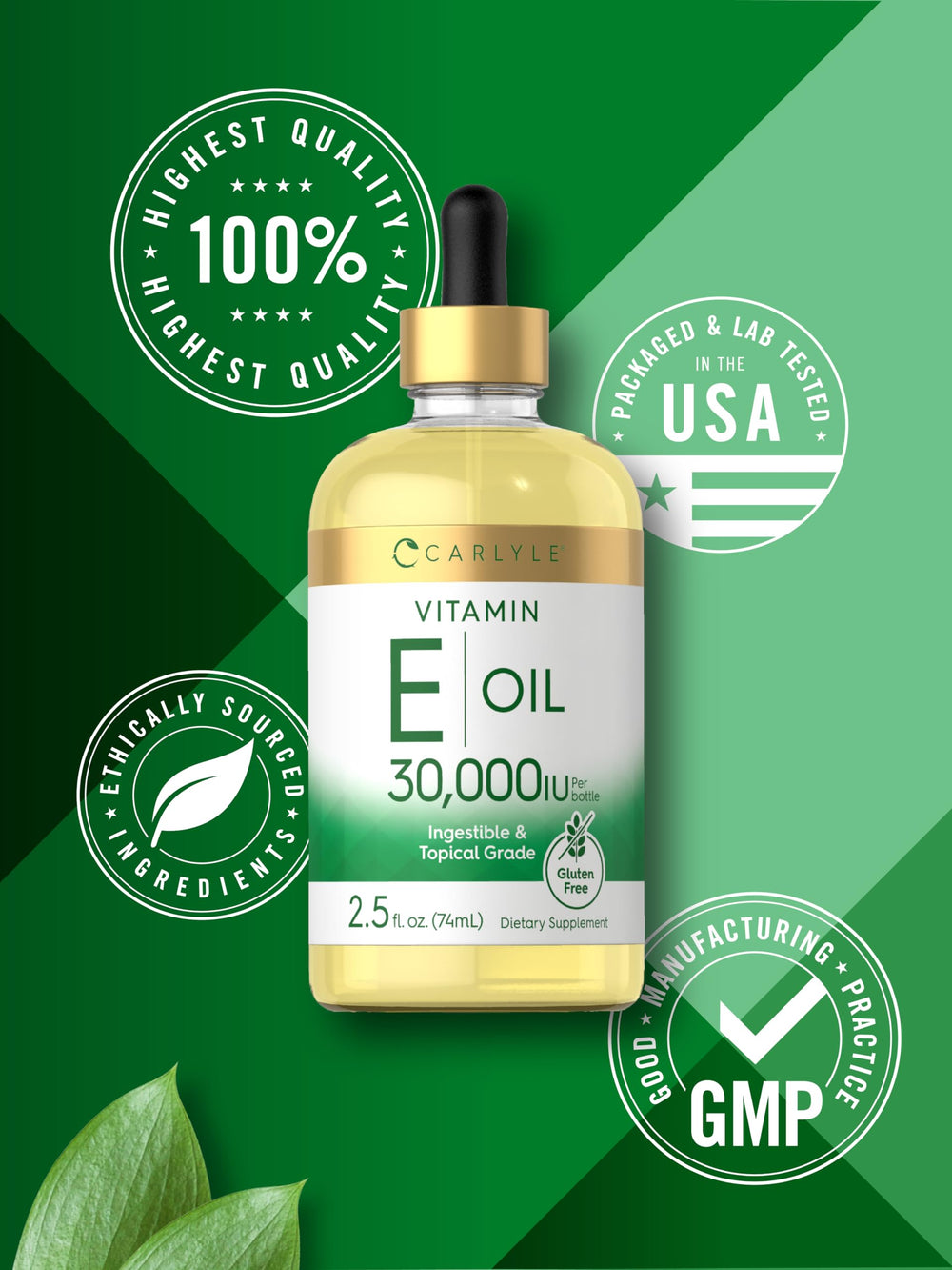 Carlyle Vitamin E Oil bottle beside label signaling dual ingestible and topical grade.