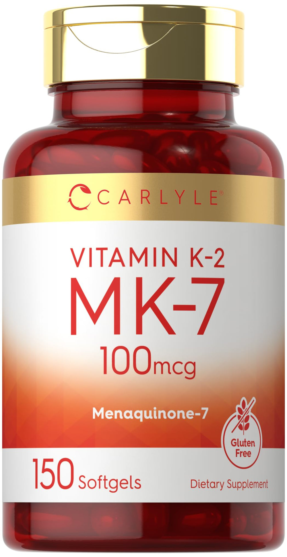 Carlyle Vitamin K2 MK7 100 mcg softgels bottle for easy daily supplementation