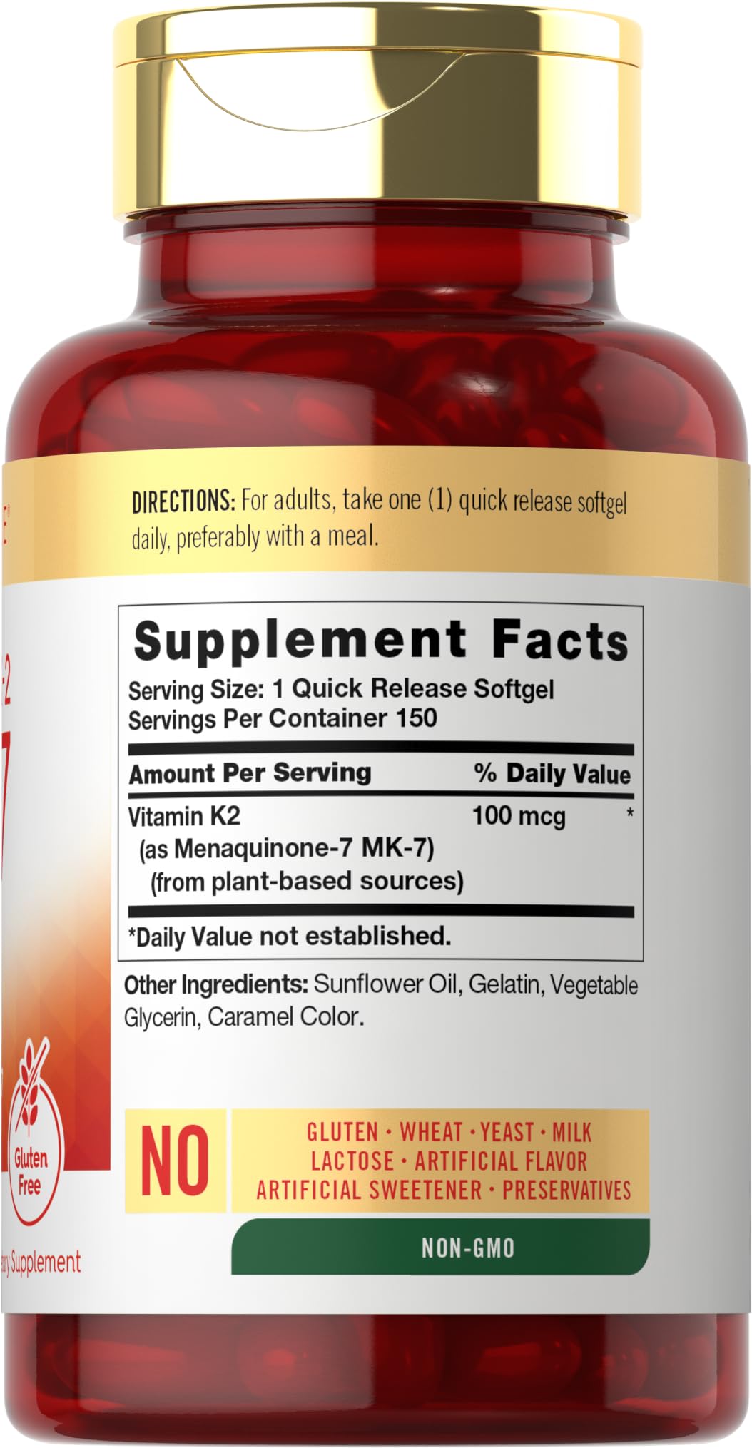Carlyle Vitamin K2 MK7 softgels closeup highlighting compact dose and high-quality appearance