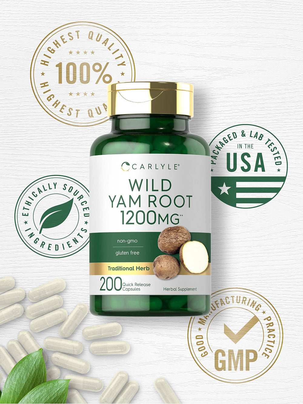 Carlyle Wild Yam Root capsules in hand—easy daily ritual for wellness-minded adults.