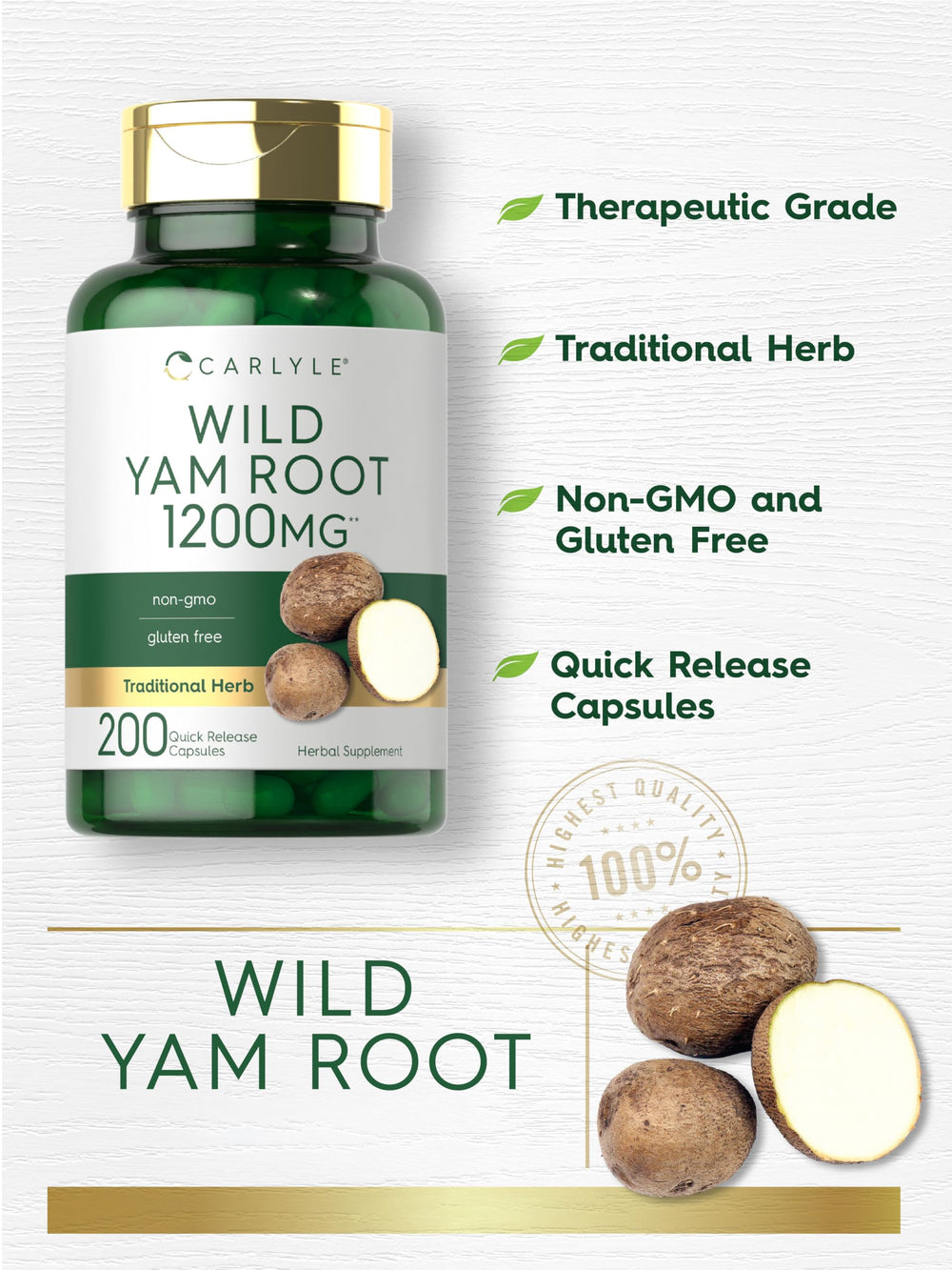 Carlyle Wild Yam Root label detail—trusted manufacturing and quality ingredients.