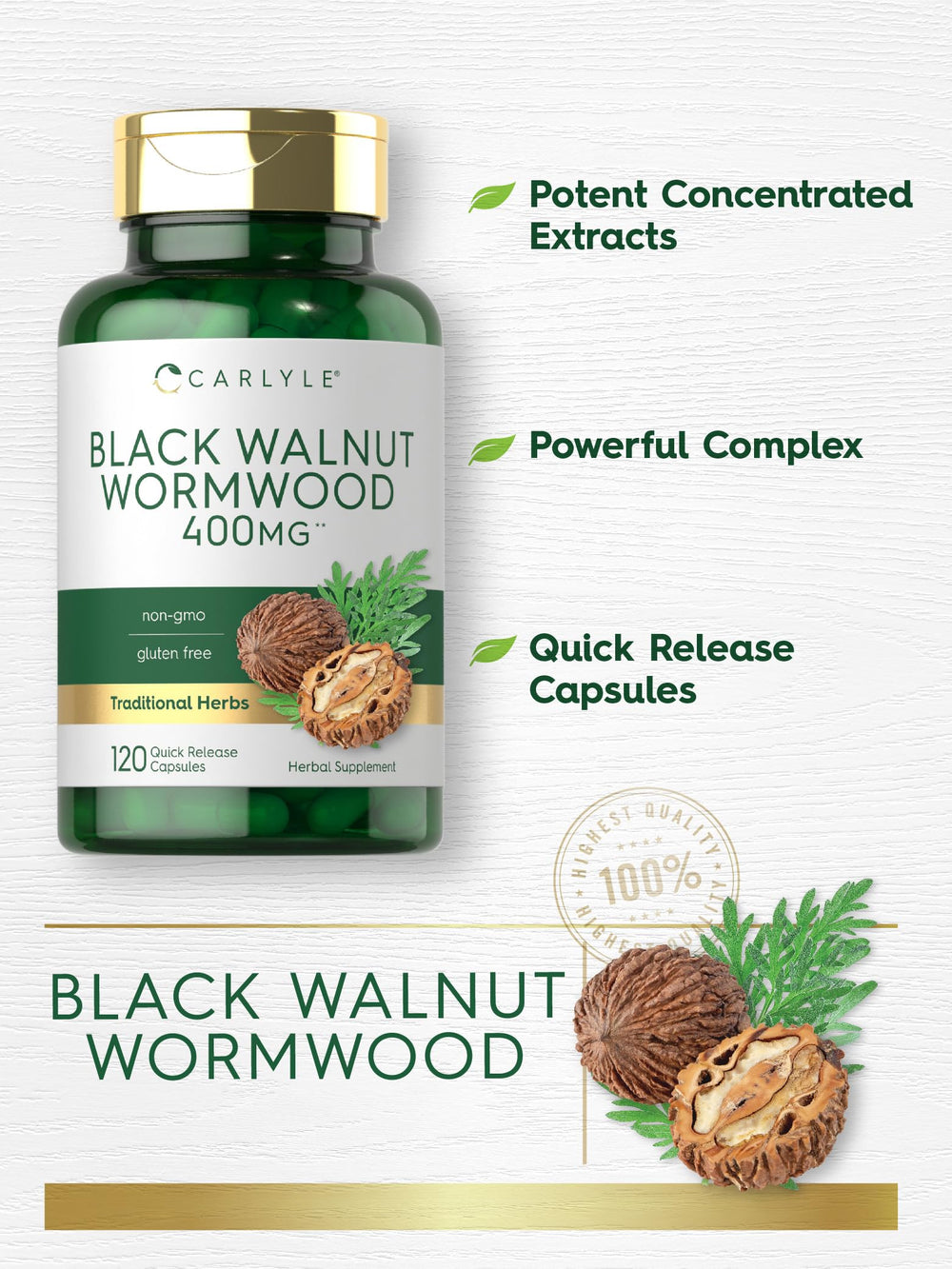 Carlyle Wormwood Black Walnut ingredients panel highlights herbal blend