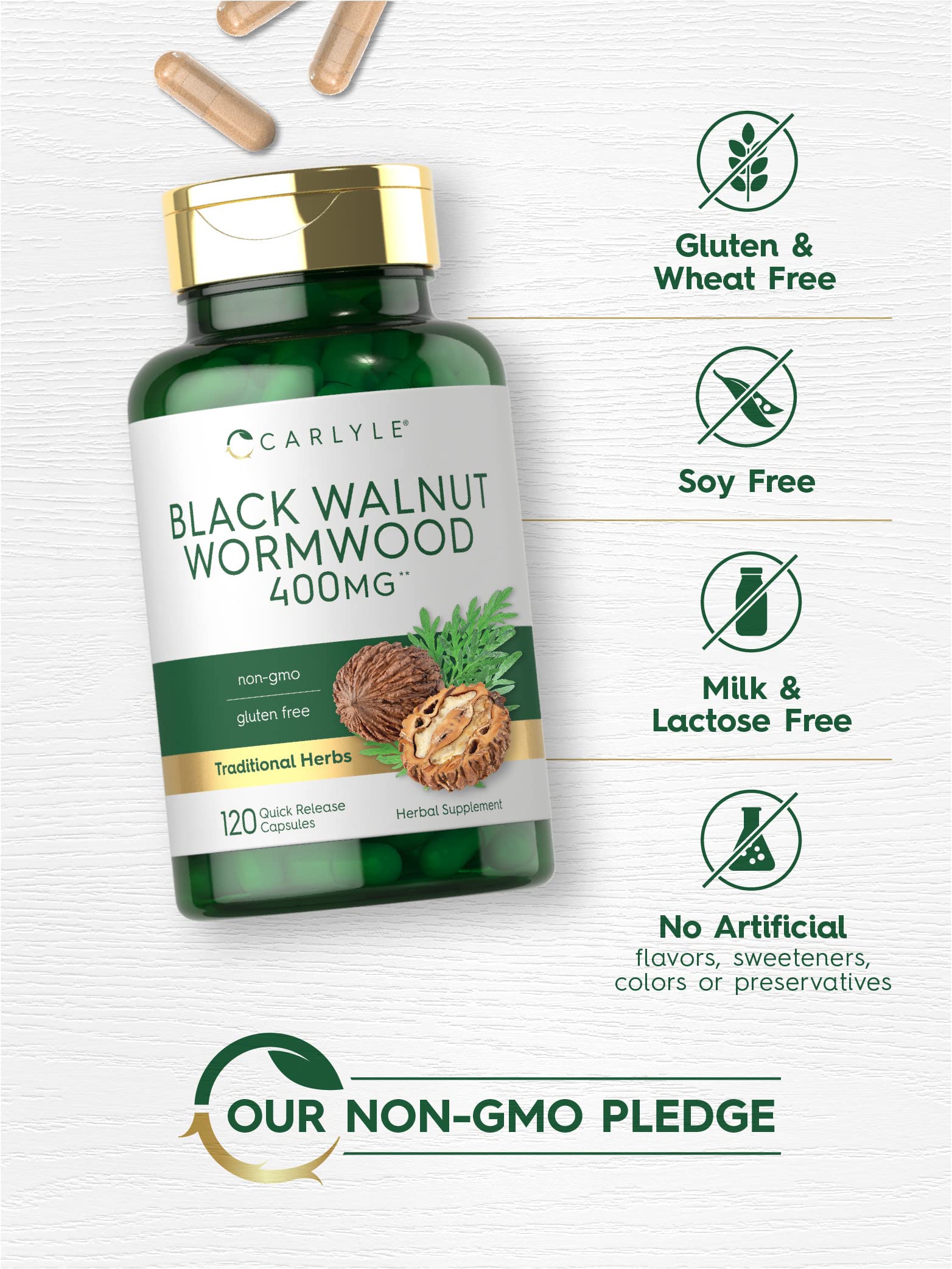 Carlyle Wormwood Black Walnut label closeup with important supplement details