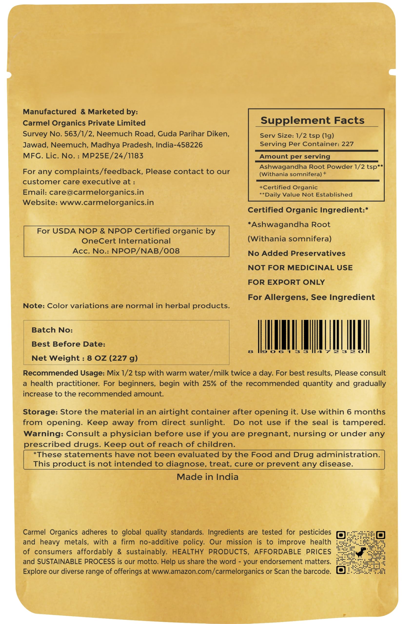 Carmel Organics Ashwagandha powder with scoop for easy dosing.
