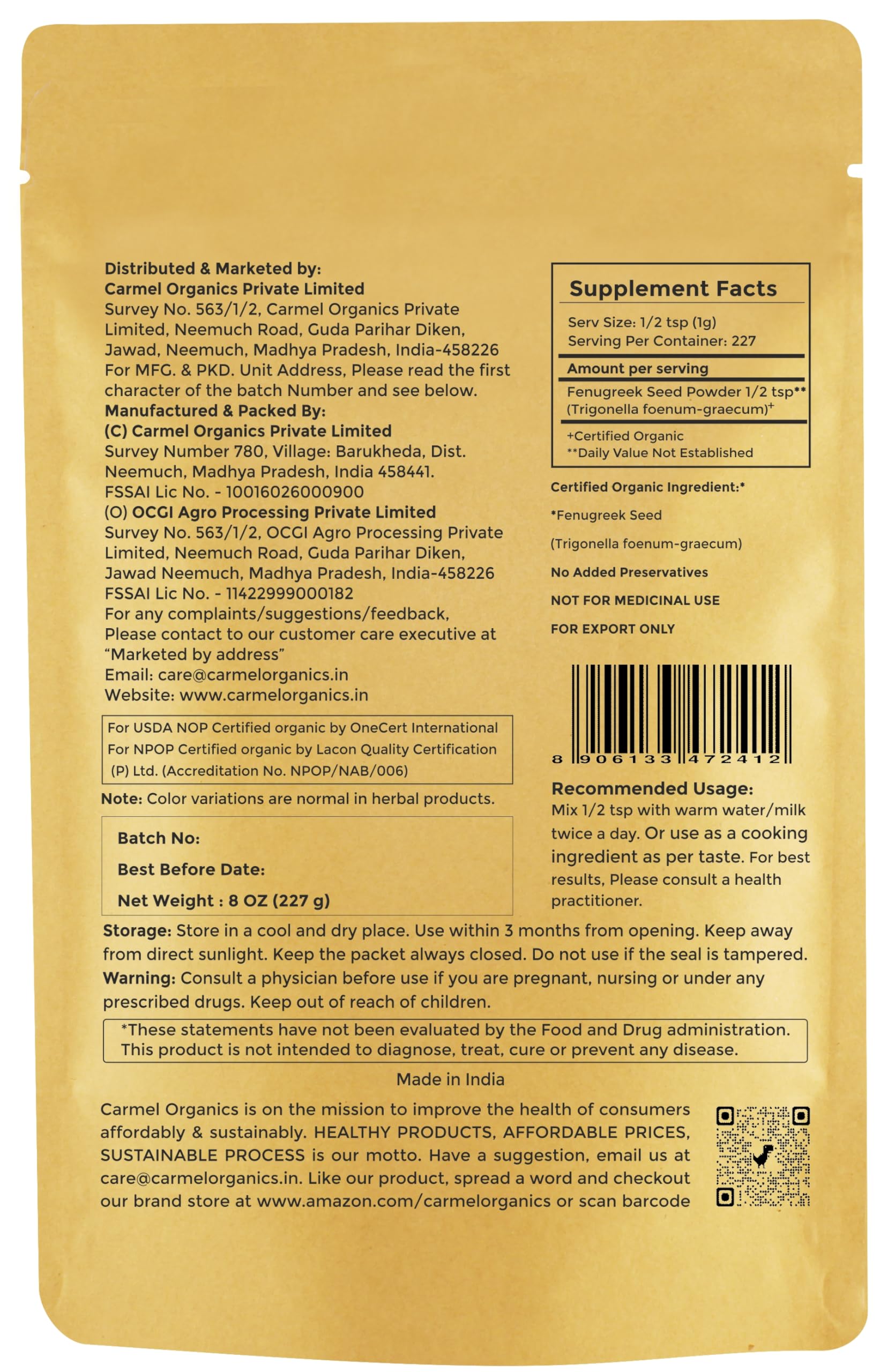 Carmel Organics fenugreek seeds close-up showcases rich texture for flavoring.