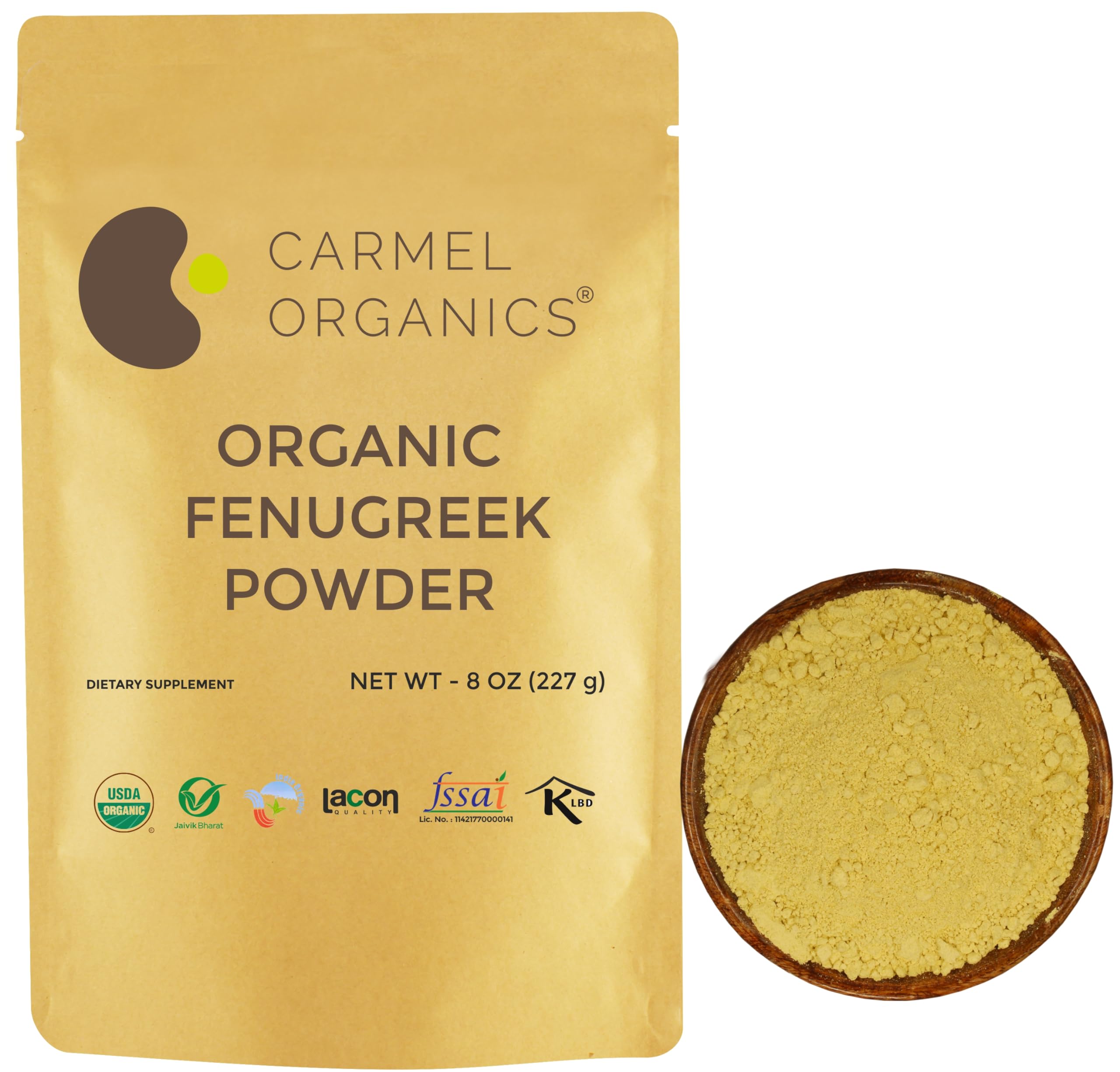 Carmel Organics fenugreek seeds packaging highlights organic origin and versatile kitchen use.