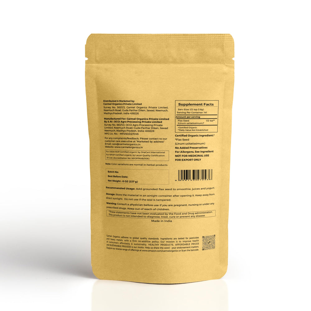 Carmel Organics brown flax seeds kernels for fiber boosts.