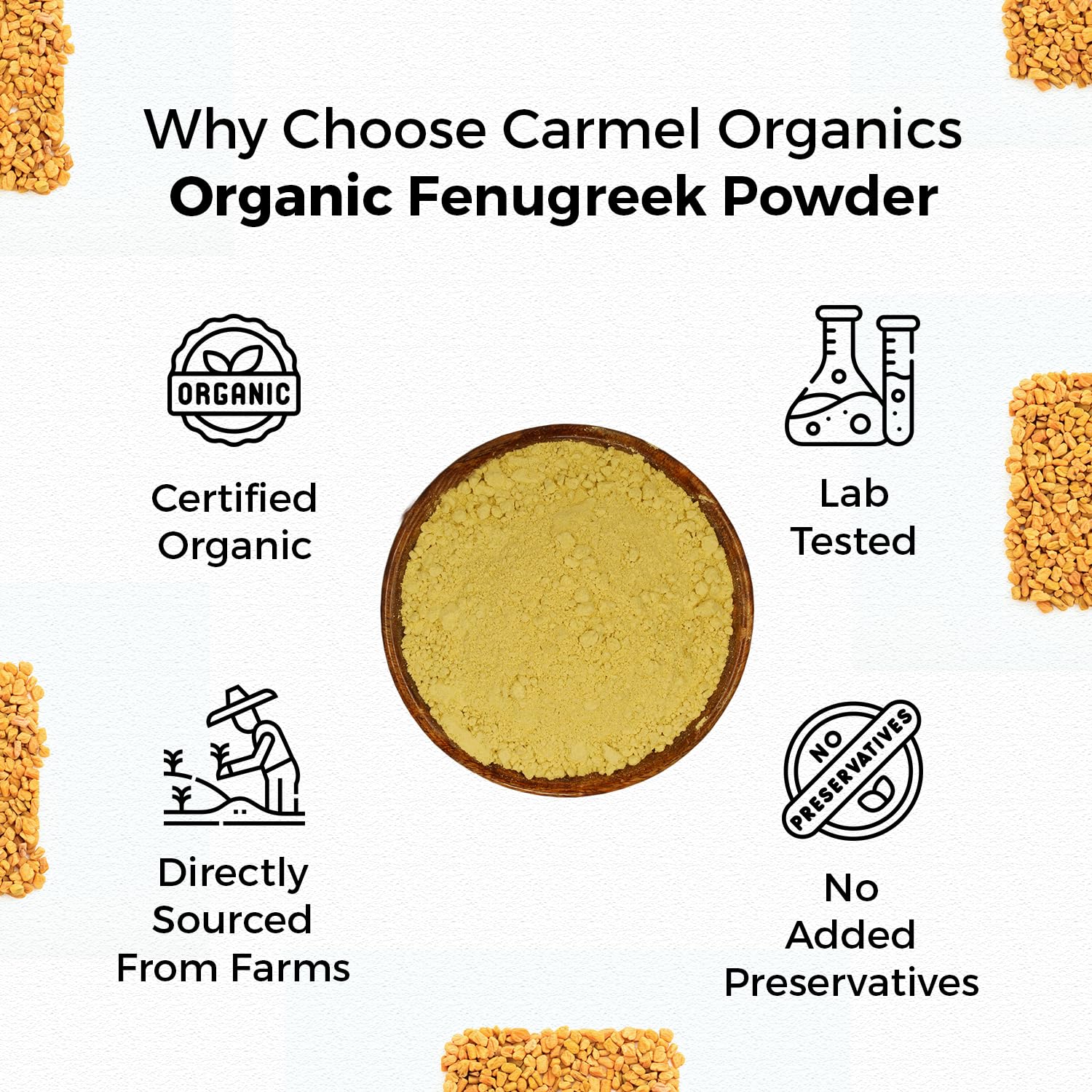Carmel Organics fenugreek from Indian origin for authentic culinary flavor.