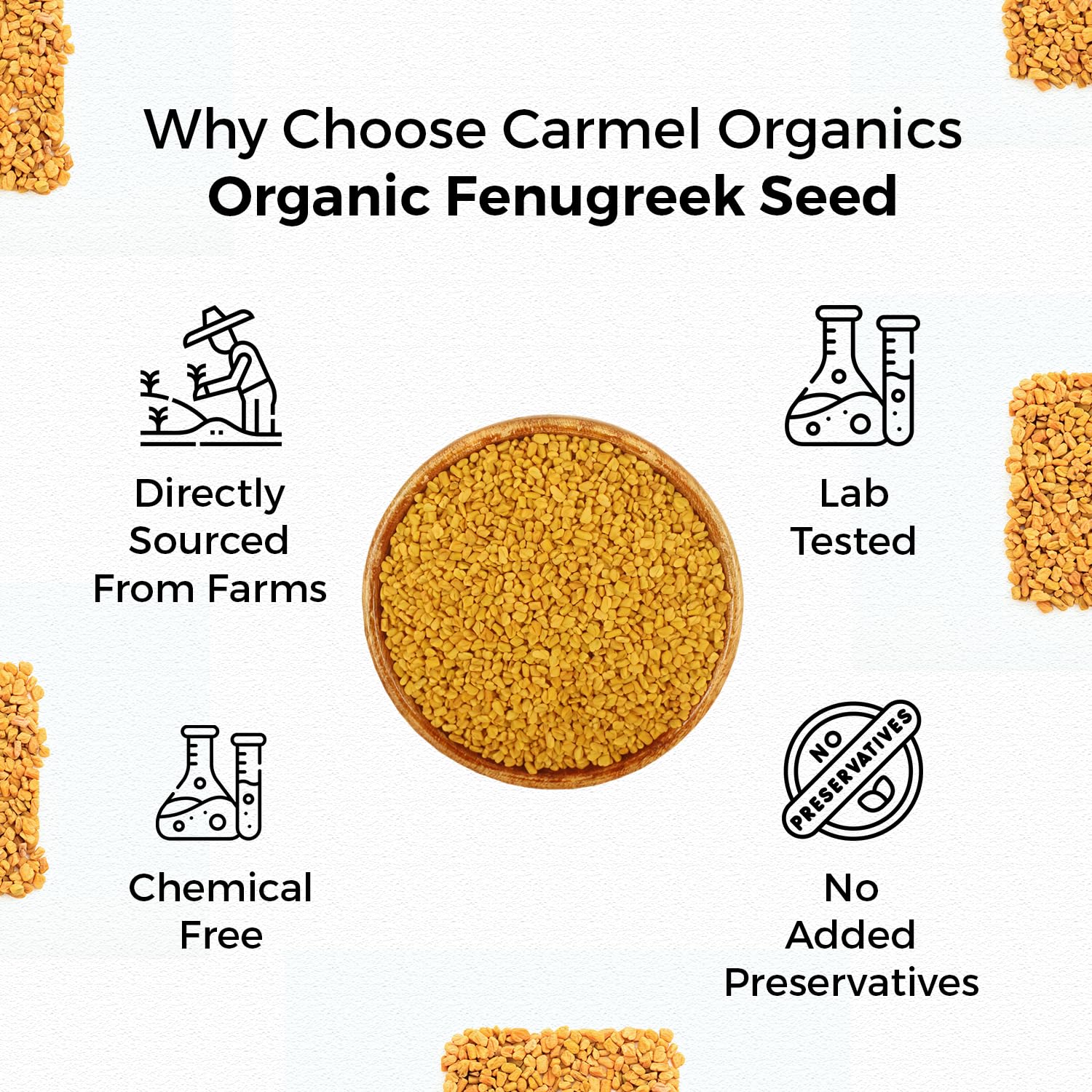 Carmel Organics fenugreek seeds with no preservatives, ready for cooking