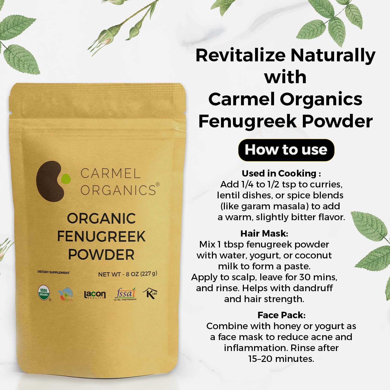 Carmel Organics non-GMO fenugreek supports everyday cooking needs.