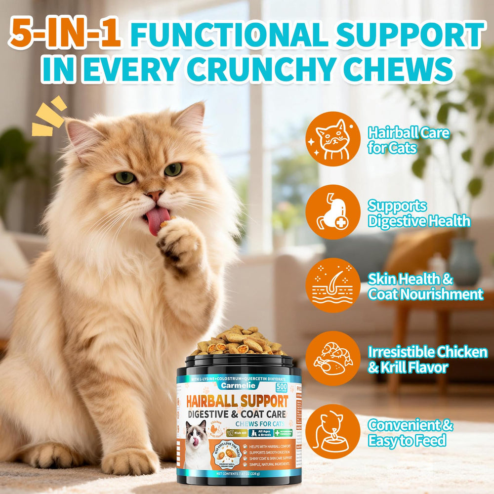 Carmelie cat grooming support chews aid coat care.