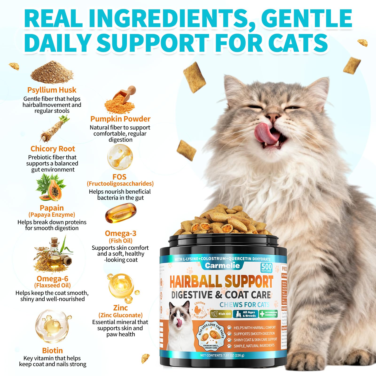 Carmelie daily routine hairball chew for steady grooming.