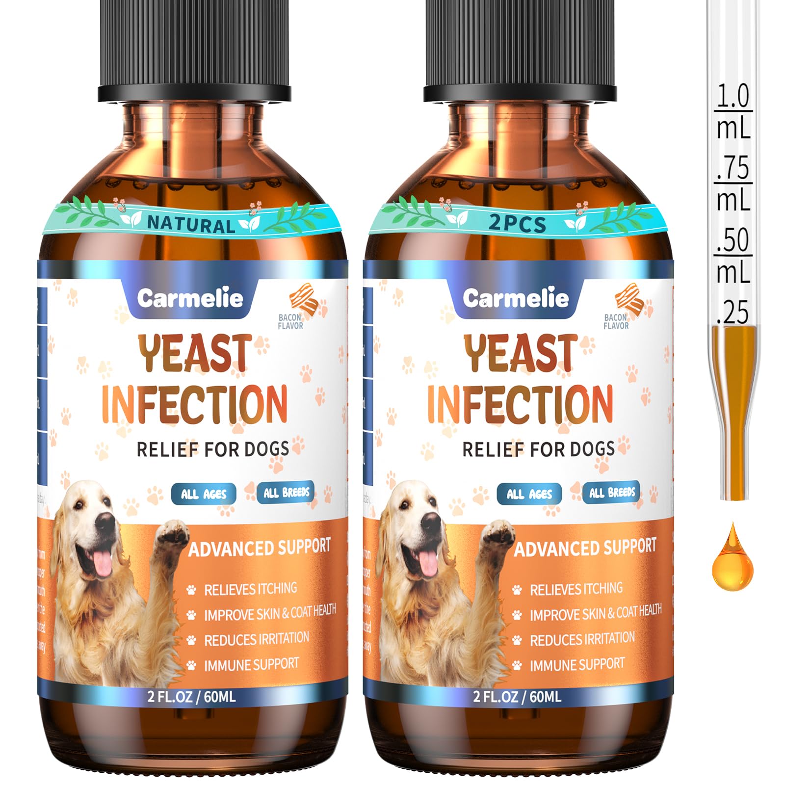 Carmelie yeast relief liquid bottle for gentle daily dog care