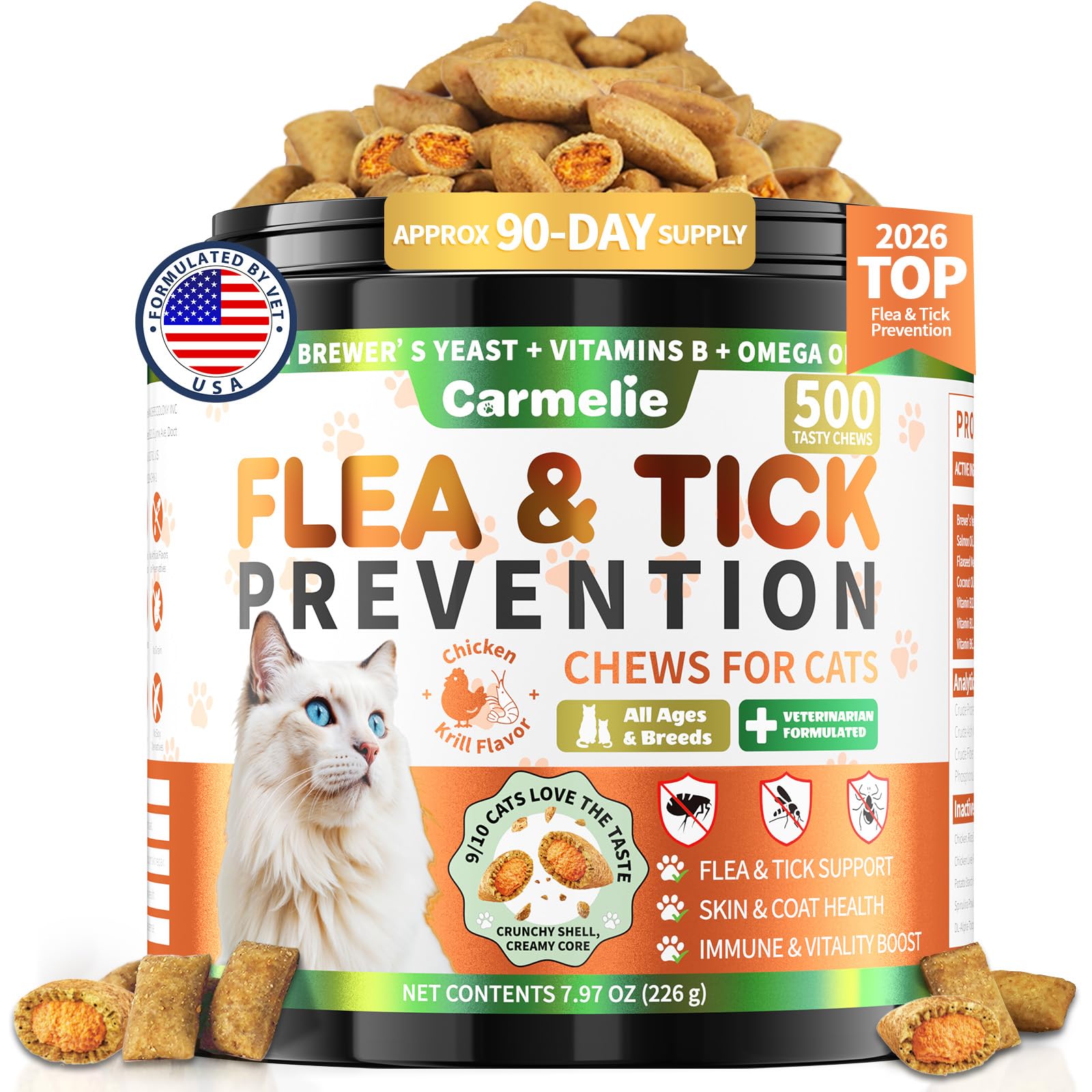 Carmelie flea and tick chews bottle front showing packaging for simple daily protection