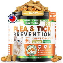 Carmelie flea and tick chews bottle front showing packaging for simple daily protection