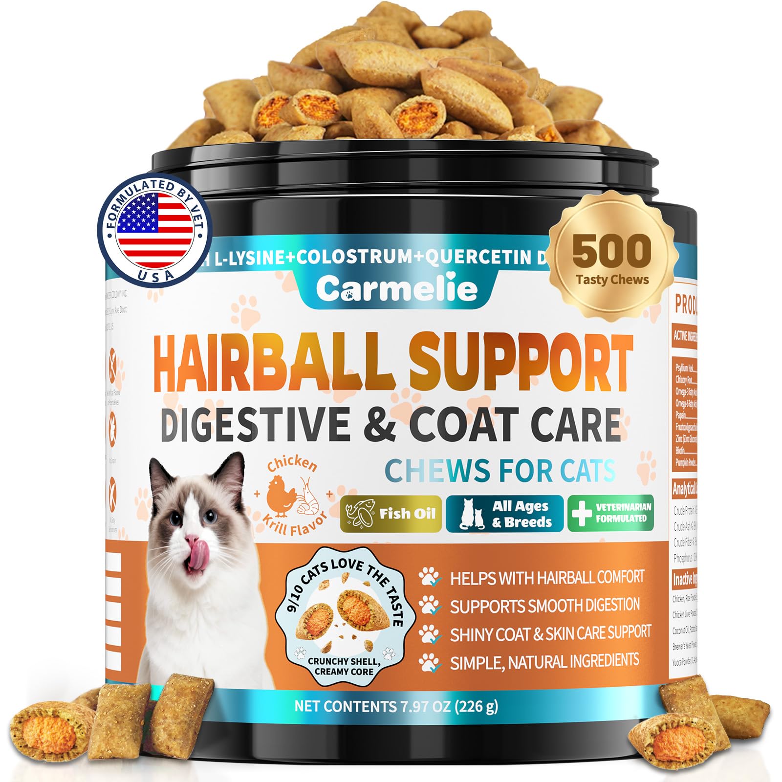 Carmelie hairball treats tub front for easy daily grooming support.