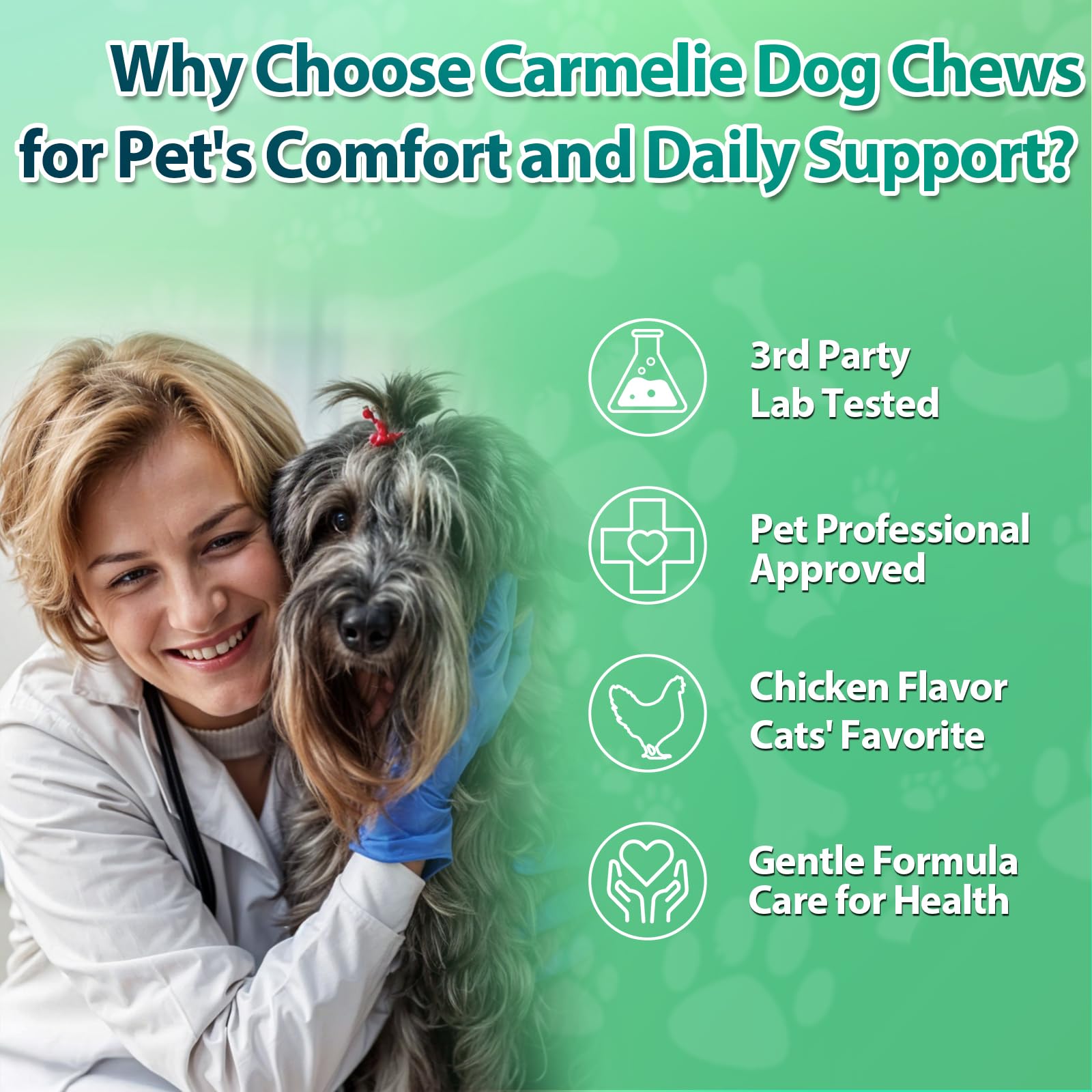 Carmelie serving time shows dog-friendly chewable in hand.