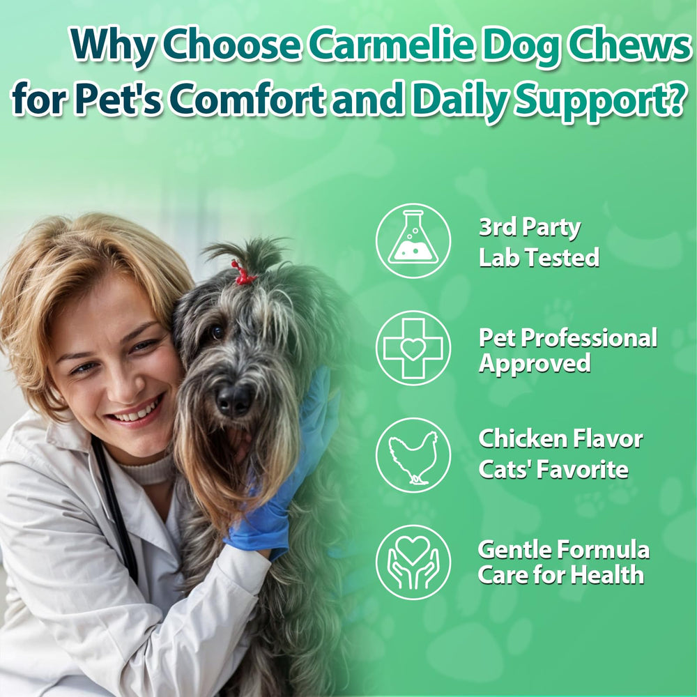 Carmelie serving time shows dog-friendly chewable in hand.