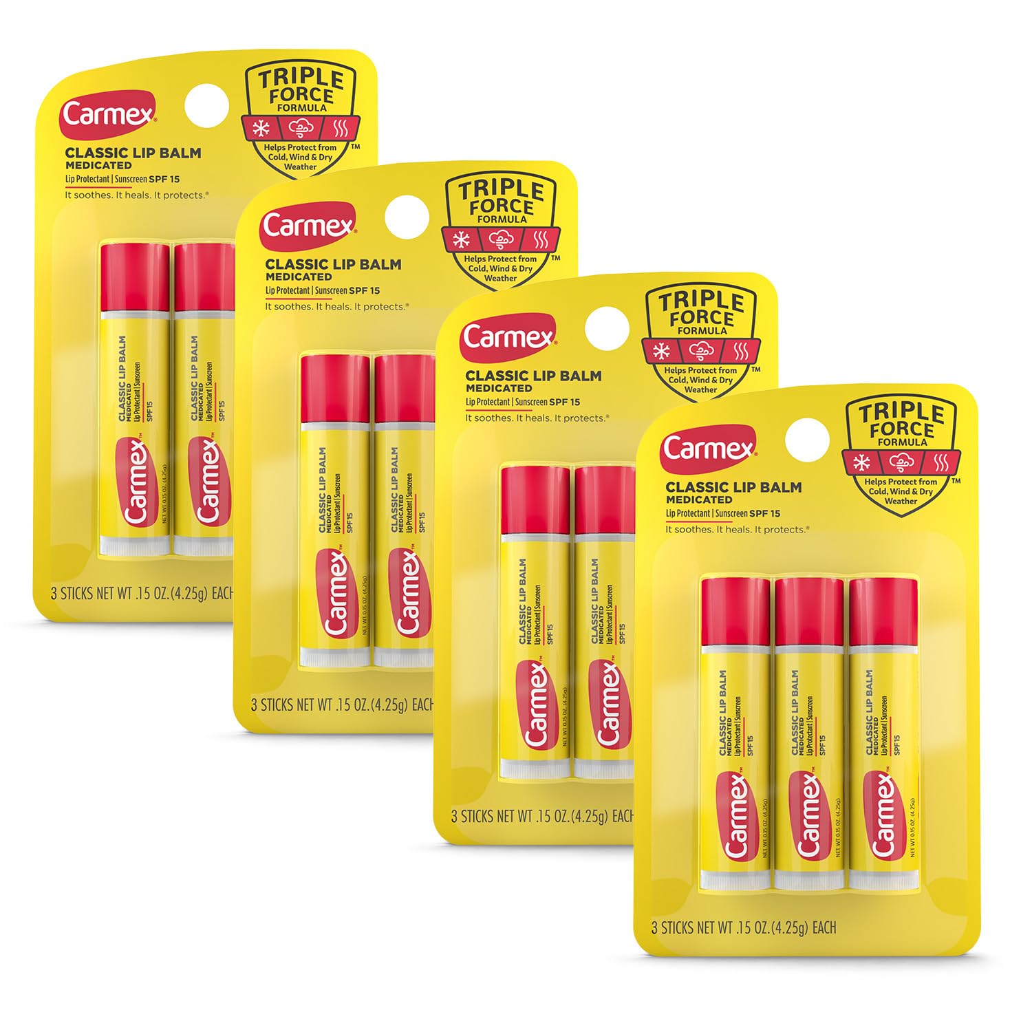 Carmex Classic Medicated Lip Balm Stick pack front shows multipack for lip care on the go.