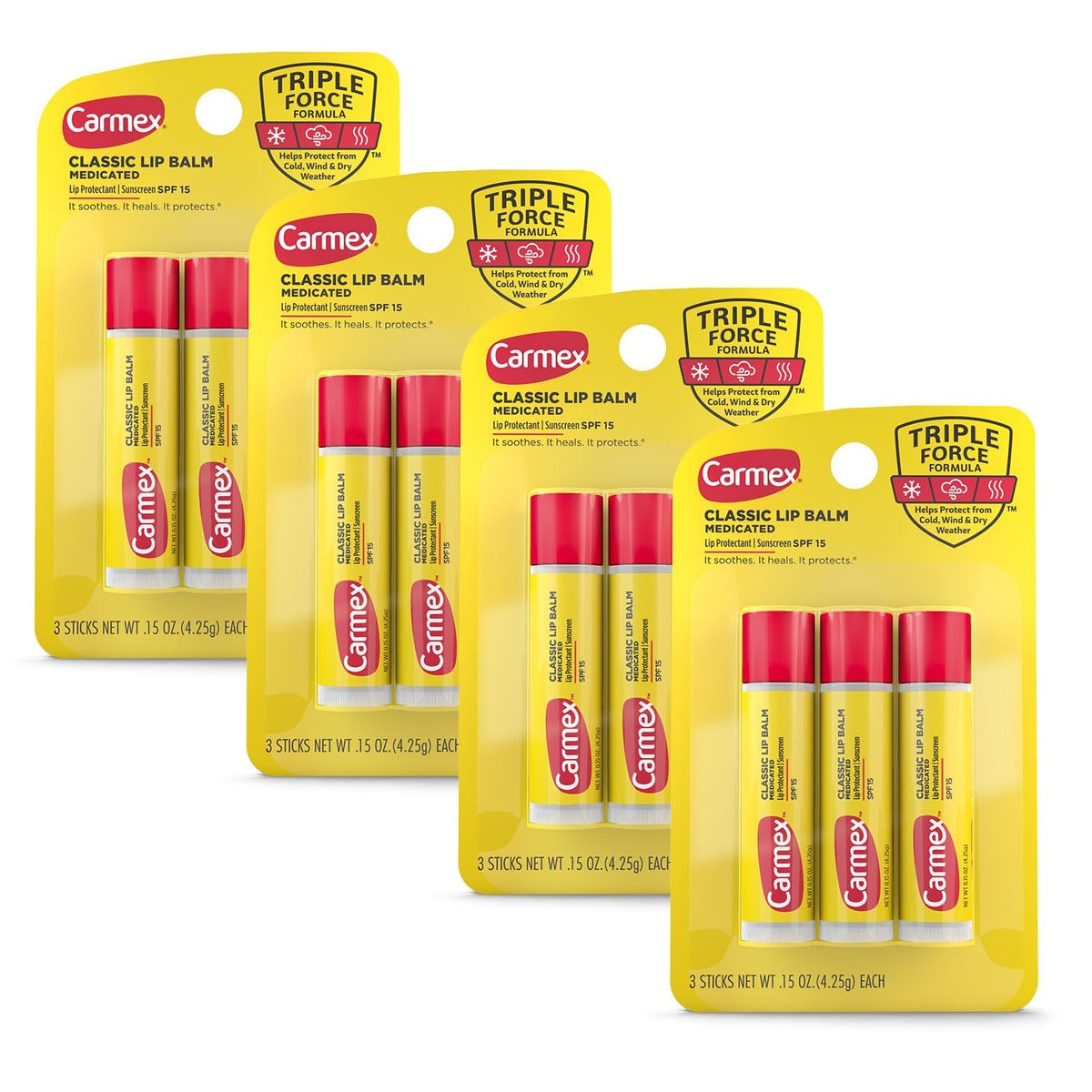 Carmex Classic Medicated Lip Balm Stick pack front shows multipack for lip care on the go.