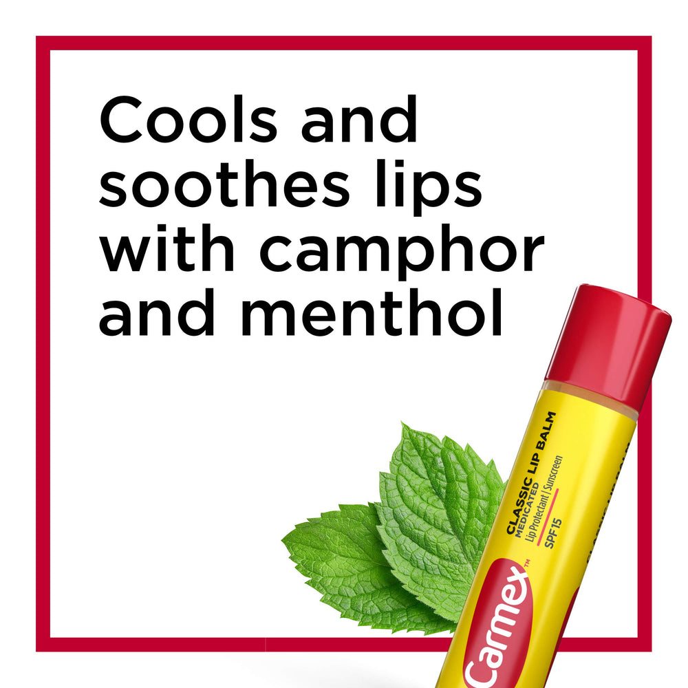 Carmex lip balm twist action for easy application and cooling relief.