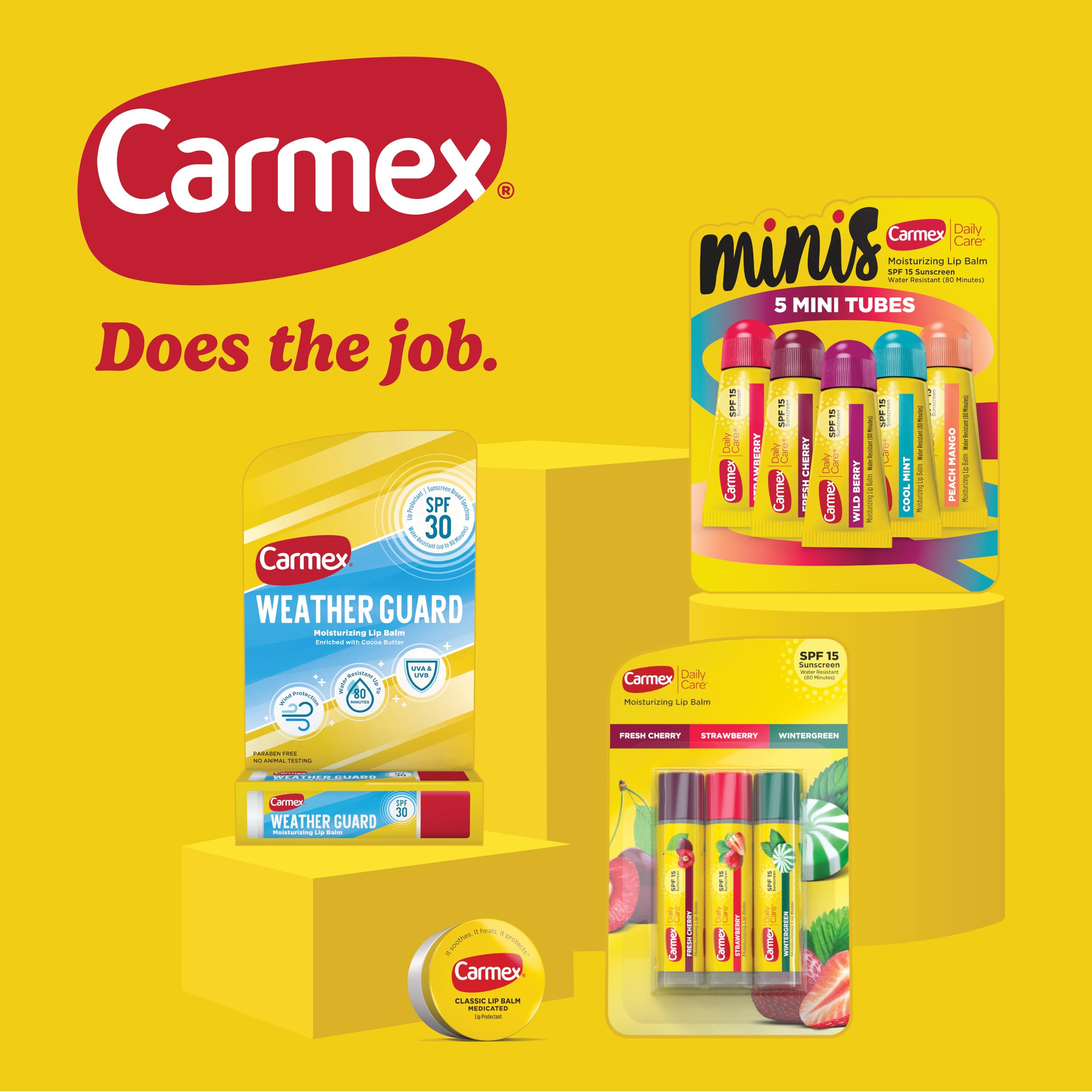 Carmex lip balm sticks closeup highlighting SPF 15 sunscreen
