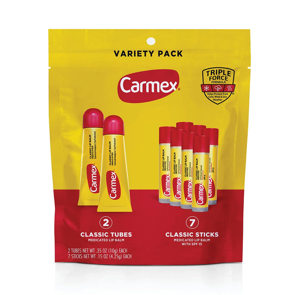 Carmex Classic Medicated Lip Balm Tubes Pack shown for on-the-go lip protection.