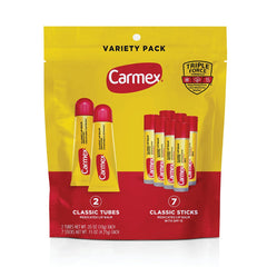 Carmex Classic Medicated Lip Balm Tubes Pack shown for on-the-go lip protection.