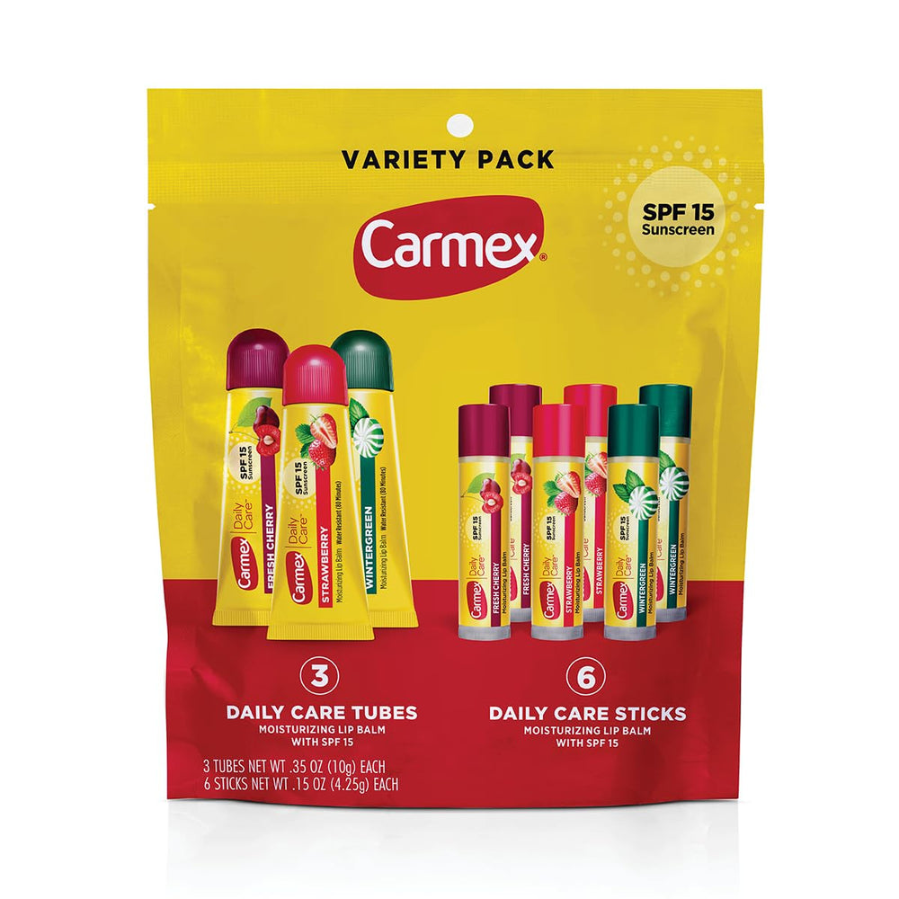 Carmex Daily Care lip balm pack front view with SPF 15 protection.