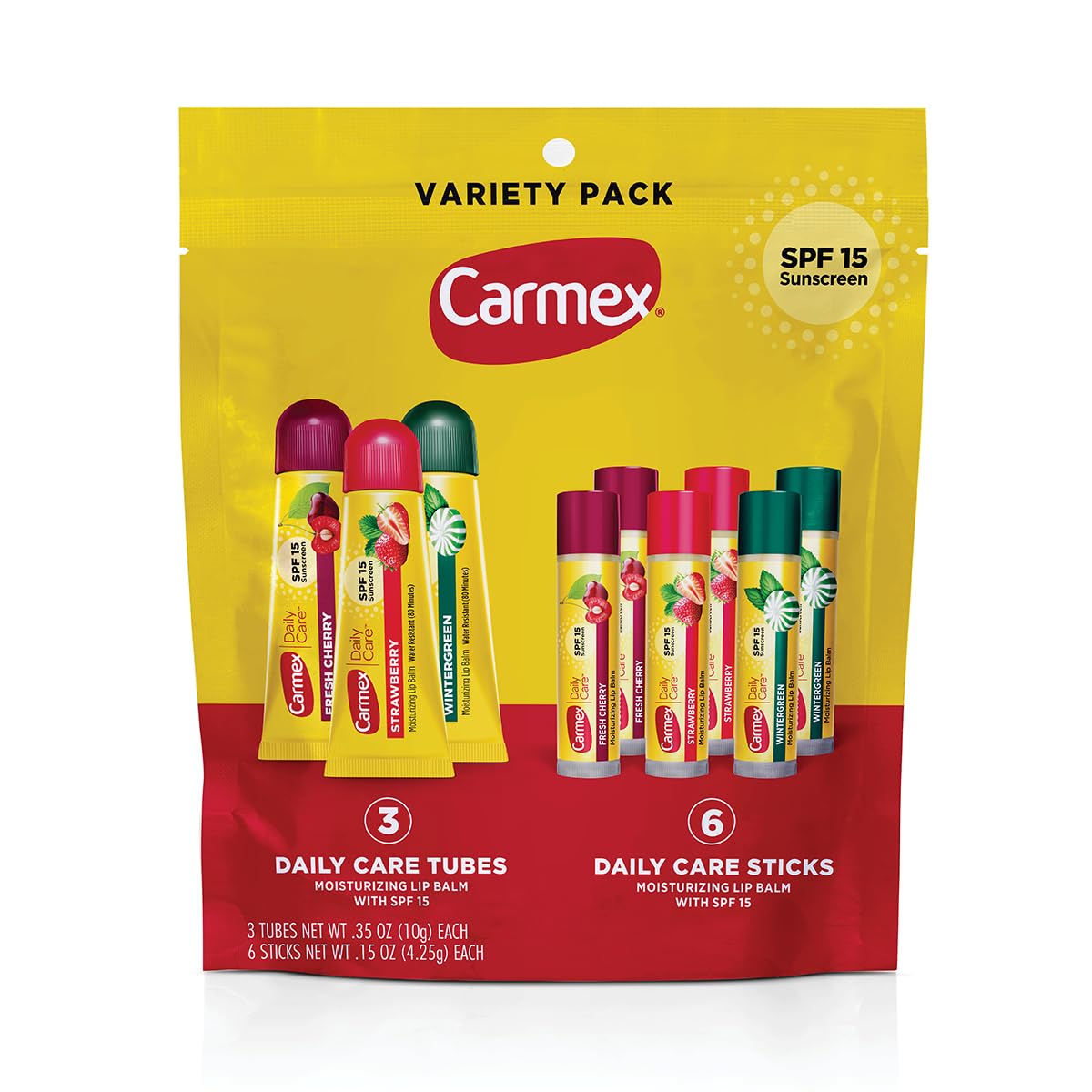 Carmex Daily Care lip balm pack front view with SPF 15 protection.