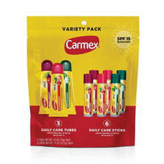 Carmex Daily Care lip balm pack front view with SPF 15 protection.