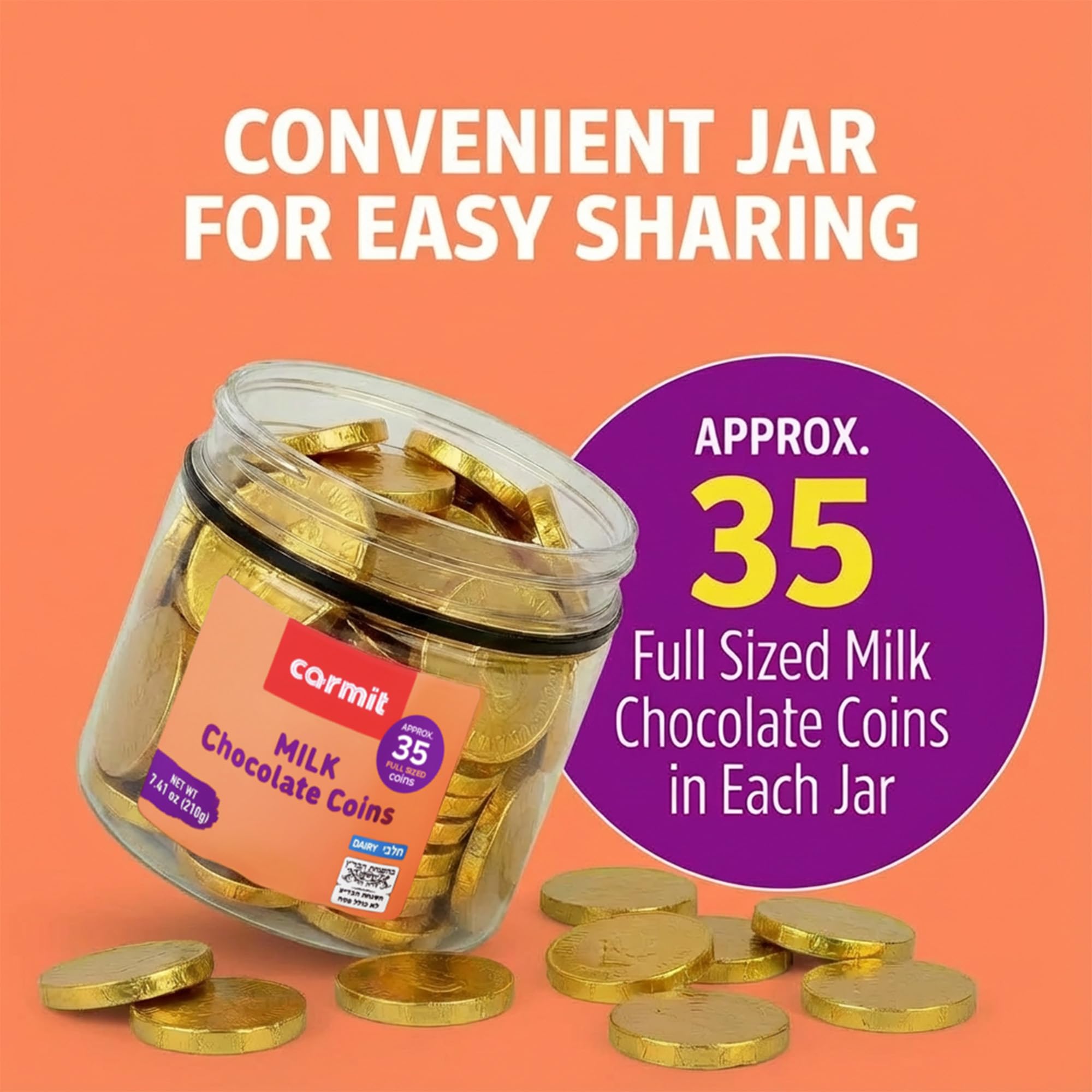 Carmit Gold Hanukkah gelt coins in tub, Kosher and gluten-free.
