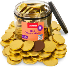 Carmit Gold milk chocolate coins tub with festive wrappers, perfect for dreidel games.
