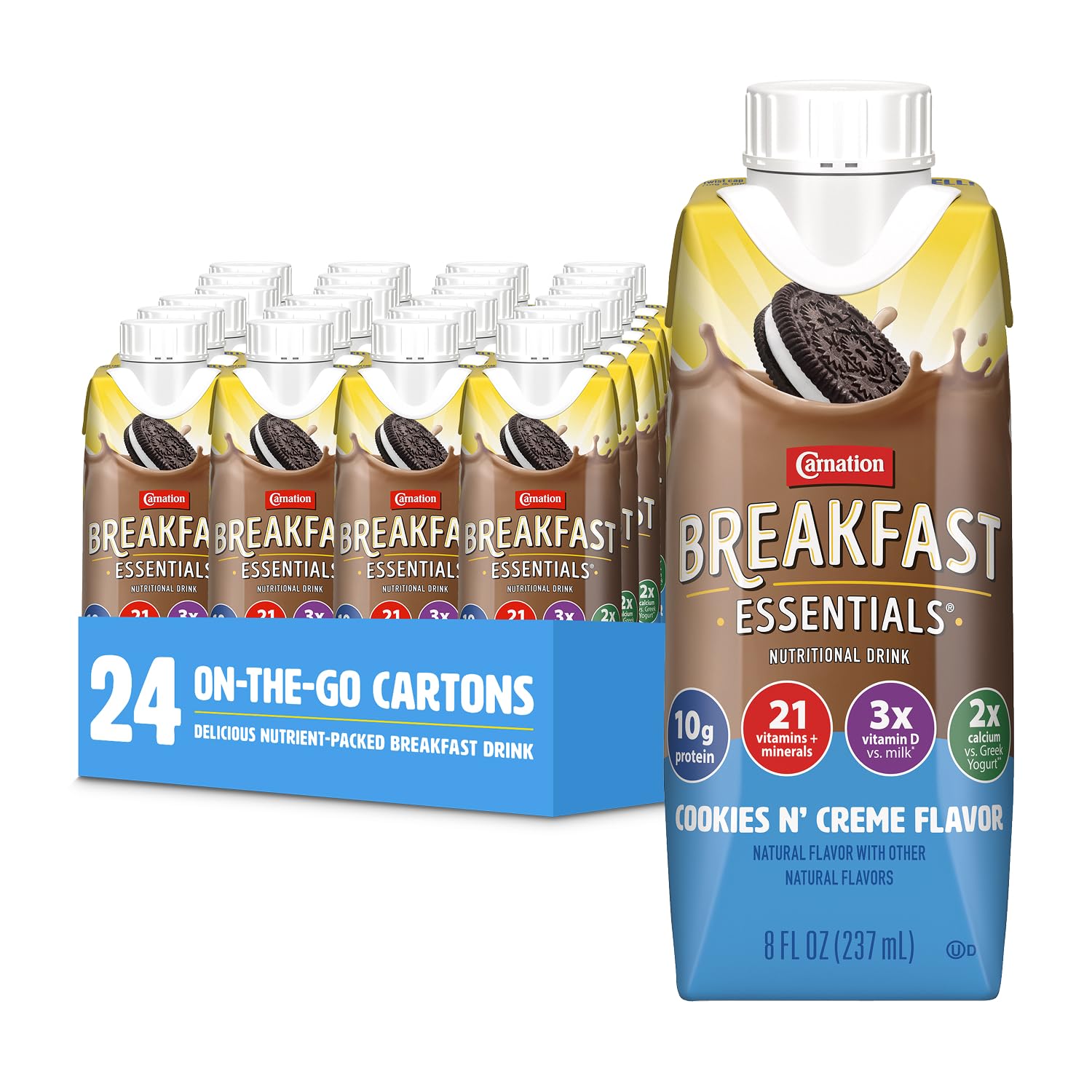 Carnation Breakfast Essentials cookies-n-creme bottle for a protein-rich morning start.