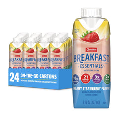 Carnation Breakfast Essentials Creamy Strawberry bottle pouring for quick protein boost