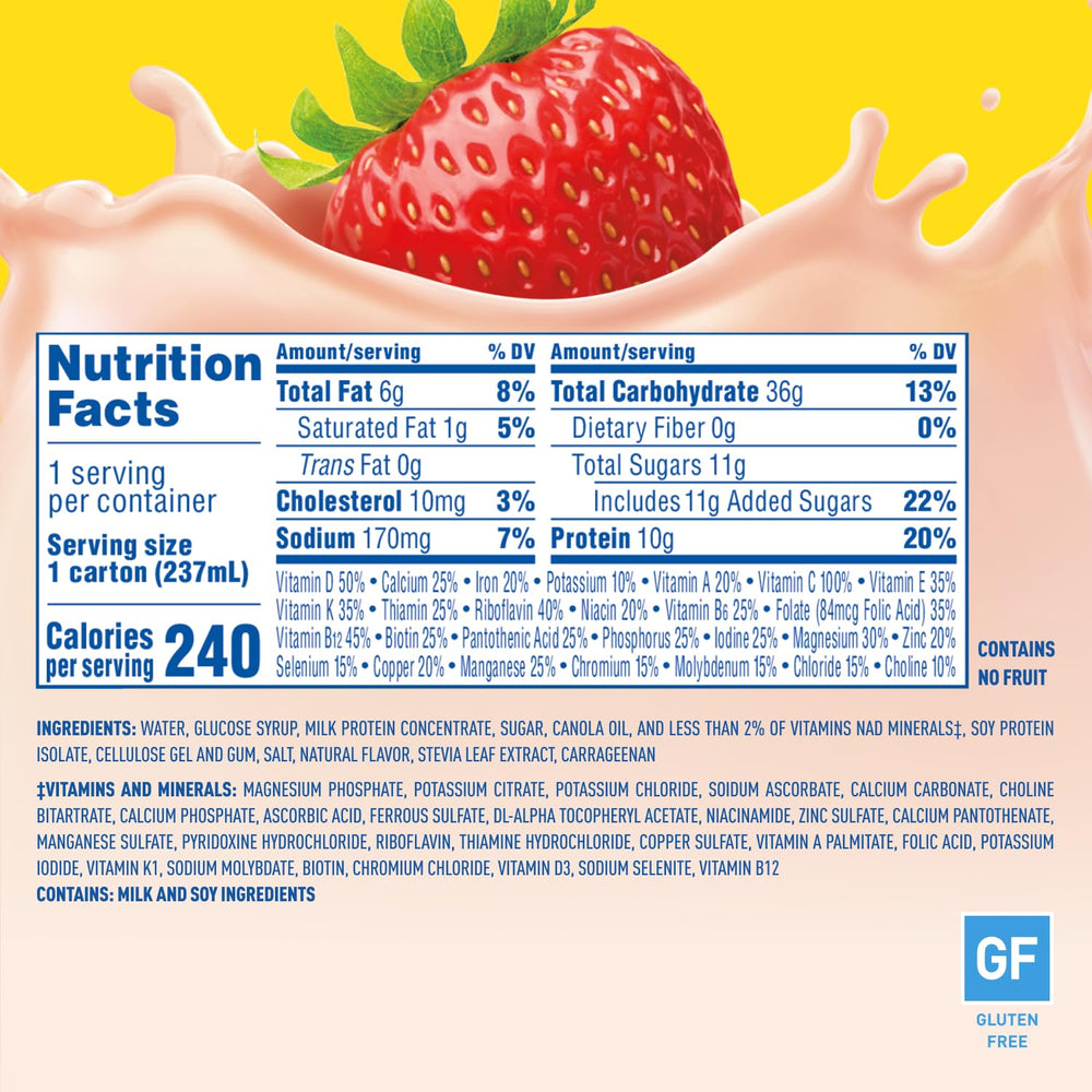Carnation Breakfast Essentials Creamy Strawberry carton front shows 8 oz serving
